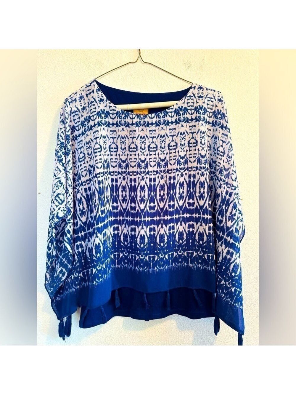 Ruby Rd. Boho Abstract Tunic Blouse Blue & White Kimono Sleeves, PETITE Medium - Picture 15 of 15